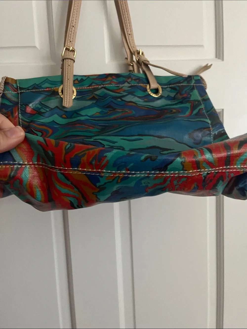 Sakroots Multicolor Swirl Pattern Tote Bag with Beige Handles